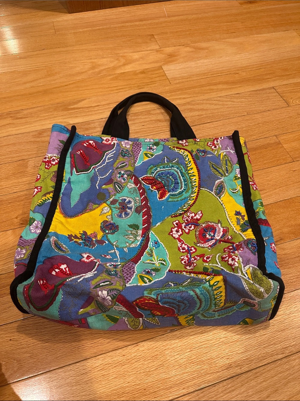Multicolor Paisley Canvas Tote with Black Handles